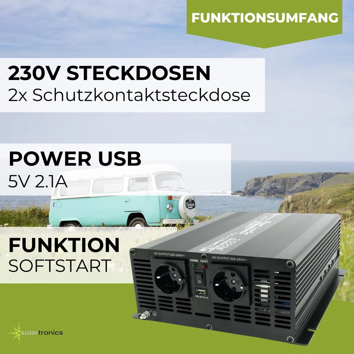 SOLARTRONICS NM2500 Spannungswandler 24V 230V modifizierter Sinus 2500W - 5000W Spitzenleistung - Wechselrichter 24V auf 230V Stromwandler mit Schuko-& USB Anschluss Solar Inverter Umwandler