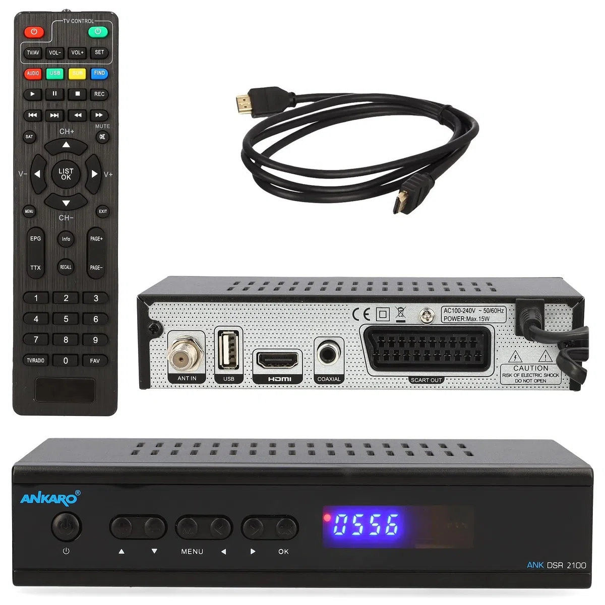 Ankaro 2100 DSR HD Sat Receiver mit PVR Aufnahmefunktion für Satellitenschüssel, AAC-LC Audio, Einkabel tauglich, HDMI,SCART, KOAXIAL, USB 2.0, Timeshift, Receiver für Sat Fernsehen + HDMI Kabel