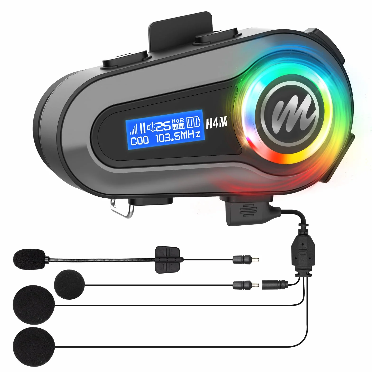 Moman H4M Motorrad Helm Headset mit LCD Bildschirm & 6 EQ-Modus, Motorcycle Helmet Kopfhörer 5.3 Chip HiFi Stereo FM Radio AI Sprachassistent IPX6 Wasserdicht