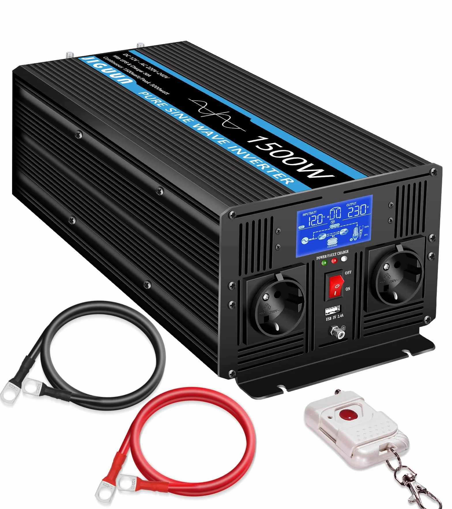 JIGUUN 1500W 3000W Wechselrichter Reiner Sinus Spannungswandler 12V 230V Mit 30A-Ladegerät und Netzvorrangschaltung und USV, 2 EU Steckdosen，Kabellose Fernbedienung und LCD-Anzeige