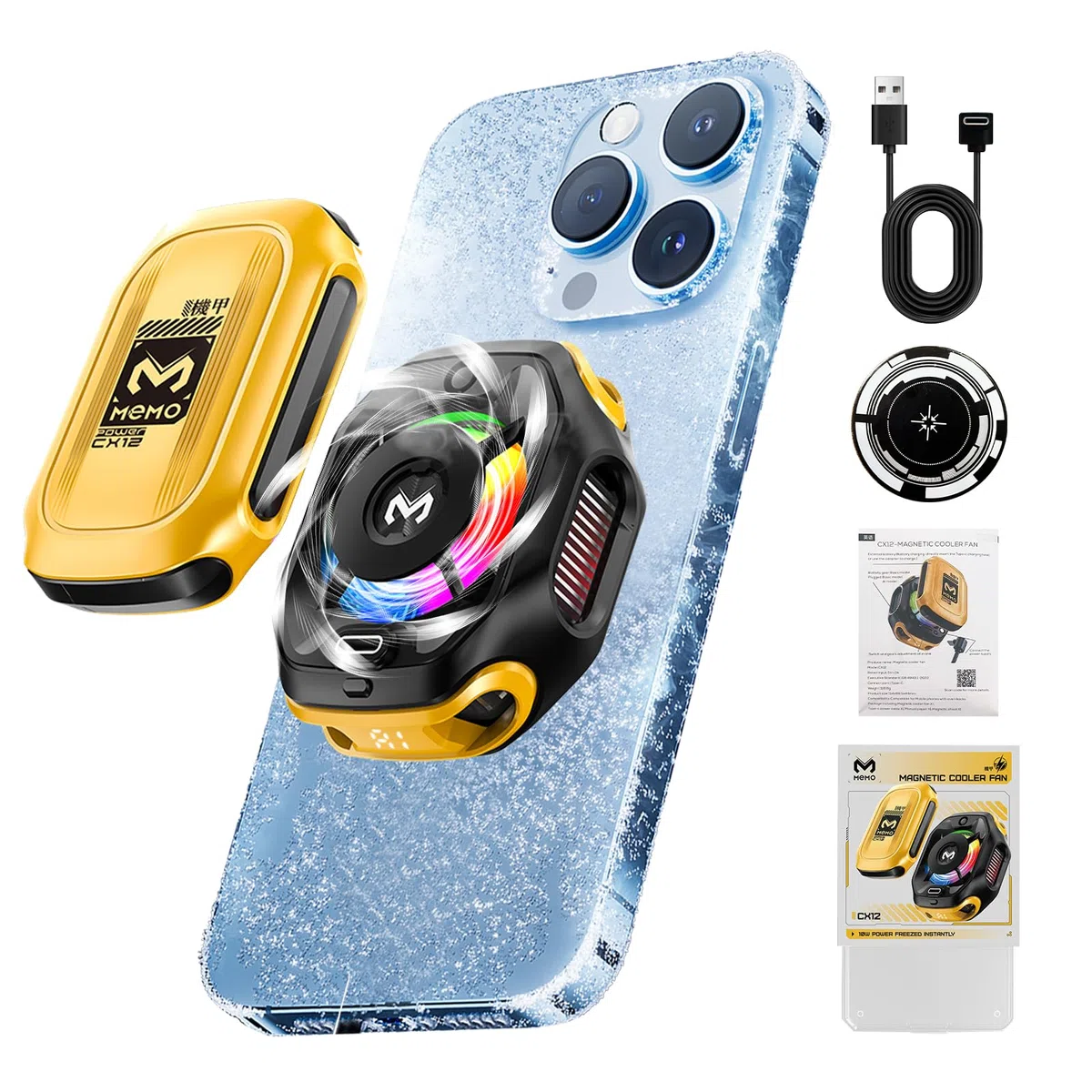 auvstar Handy-Kühler mit 2000mAh Akku, Phone Cooler RGB, 2 Stufen, Halbleiterkühlung, Temperaturanzeige