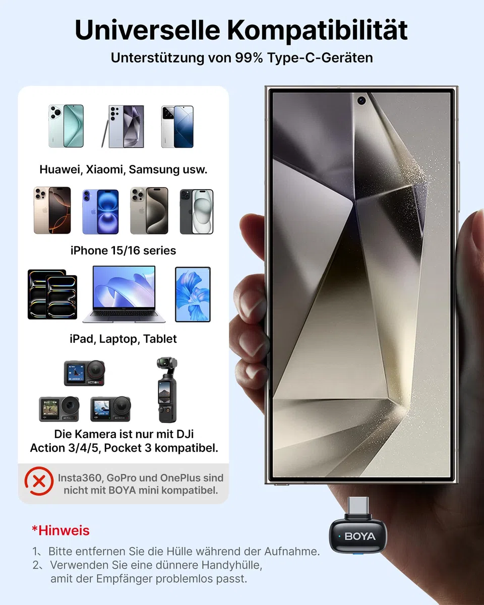 BOYA MINI Mikrofon Handy (2 Sender + 1 USB-C Empfänger + Ladeschale), 5g Ultraleicht, 48 kHz 24 Bit, Ansteckmikrofon, Kabelloses Lavalier-Mikrofon für iPhone, Android, Vlog, Rauschunterdrückung