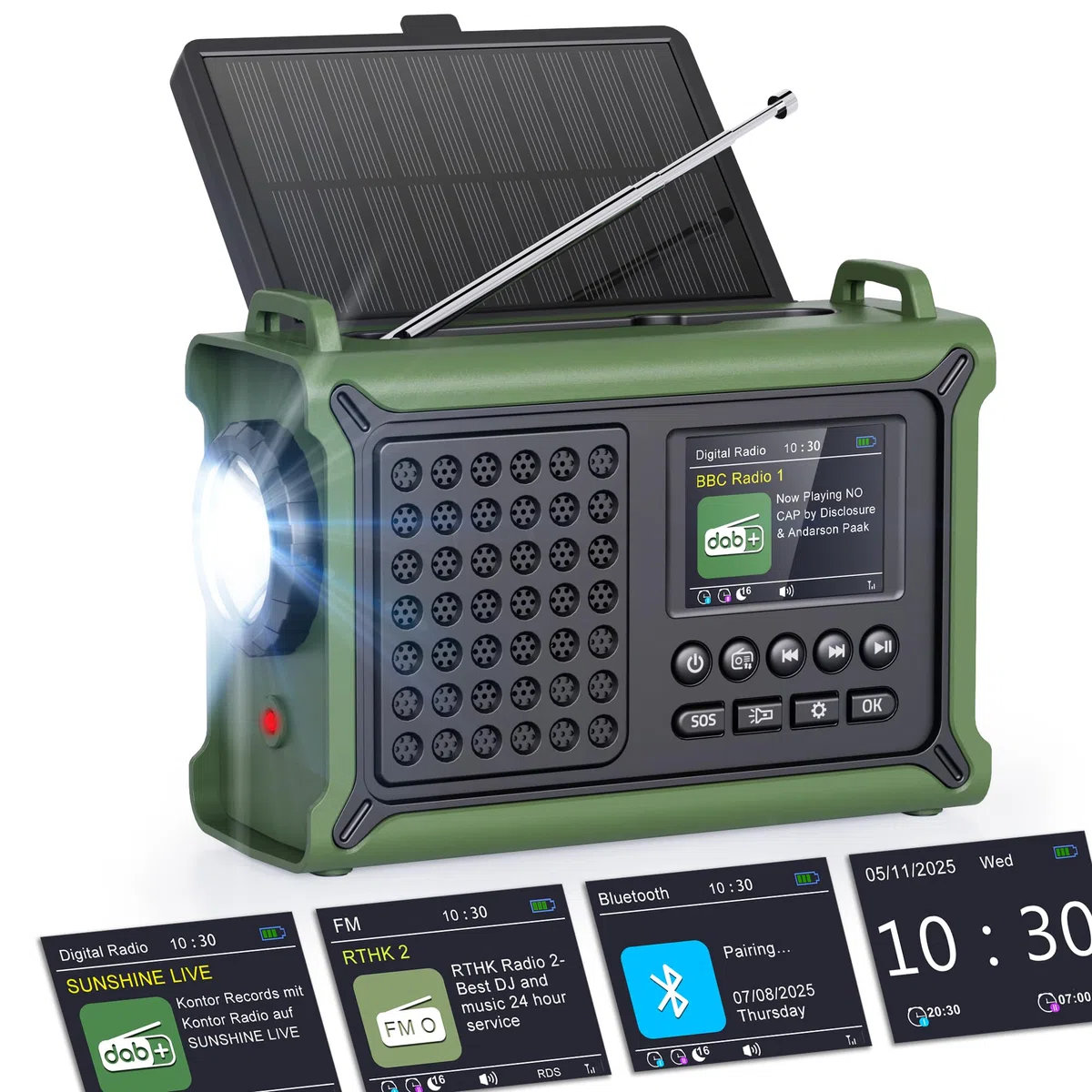 ROCAM Tragbares DAB+ Radio mit Bluetooth, 12000mAh Kurbelradio mit 8500mm² Solarpanel & 650mA Kurbel, DAB/UKW Digital Radio mit 2,4" Farbdisplay, 80 Sender, LED-Taschenlampe, SOS, IPX6 für Notfälle