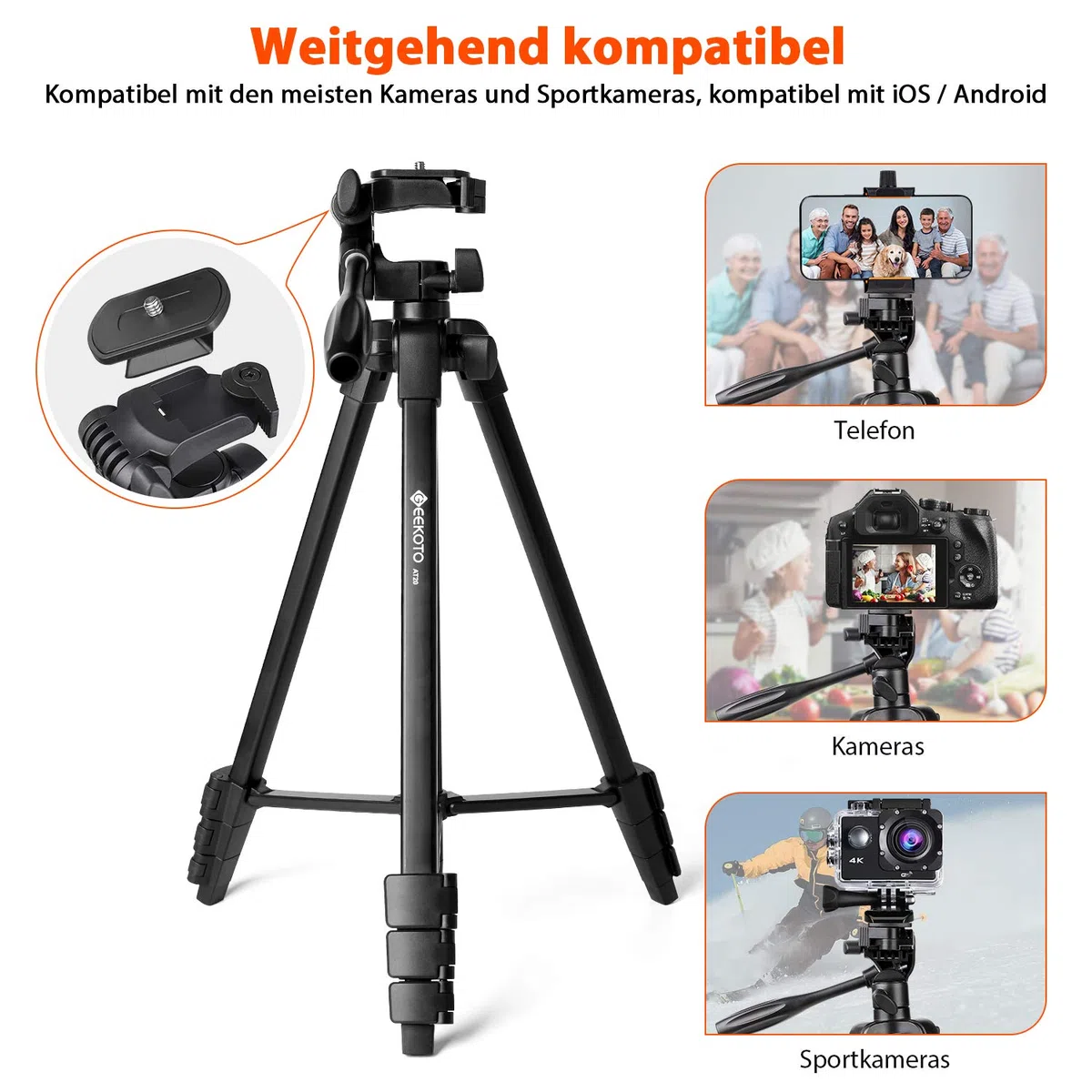 GEEKOTO Handy Stativ Ausziehbar, 54" Stativ für Smartphone mit 360-Grad-Panorama-Drehplattform und 1/4 Universal-Befestigungsschrauben für spiegellose/Gopro/DSLR-Kamera Schwarz