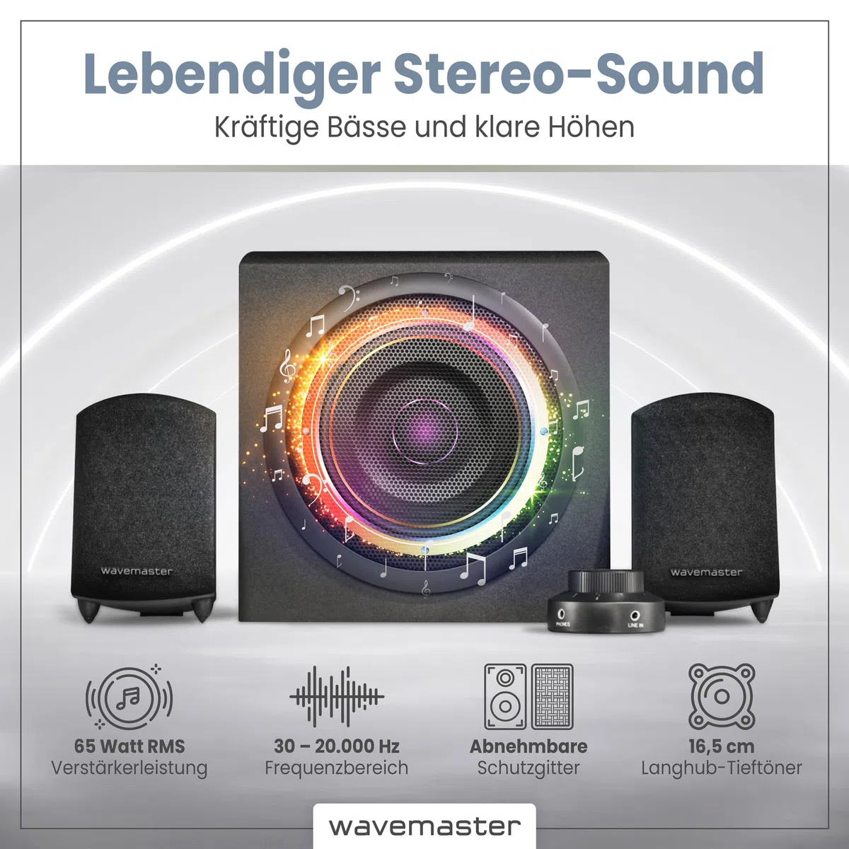Wavemaster MOODY 2.1 Lautsprecher System (65 Watt) Aktiv-Boxen Nutzung für TV/Tablet/Smartphone/PC schwarz (66202)