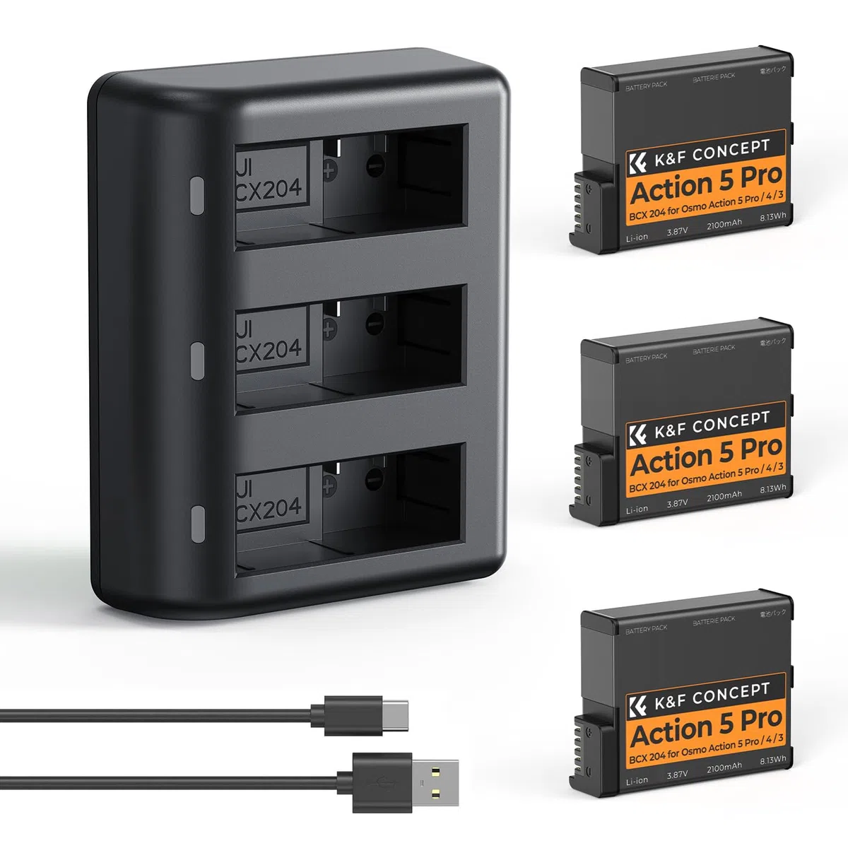 K&F CONCEPT OSMO Action 5 Kamera-Akku 2100mAh, Dreifach-Akku-Ladegerät mit DREI Steckplätzen und Kartenetui im Set Kompatibel mit DJI OSMO Action 5 Pro, Osmo Action 4, Osmo Action 3 und Osmo 360