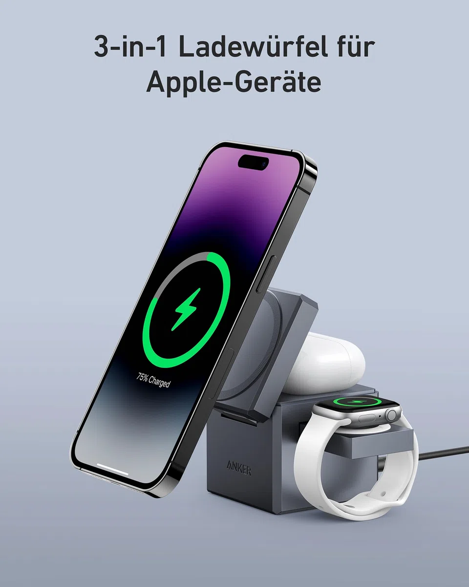 Anker 3-in-1 Cube mit MagSafe, 15W kabellose Höchstladeleistung, Kompatibel mit iPhone 17/16/15/14/13/12 Serien, Apple Watch Serie 1-7 / SE, und AirPods Pro / 3/2 (Inklusive 30W Netzteil)