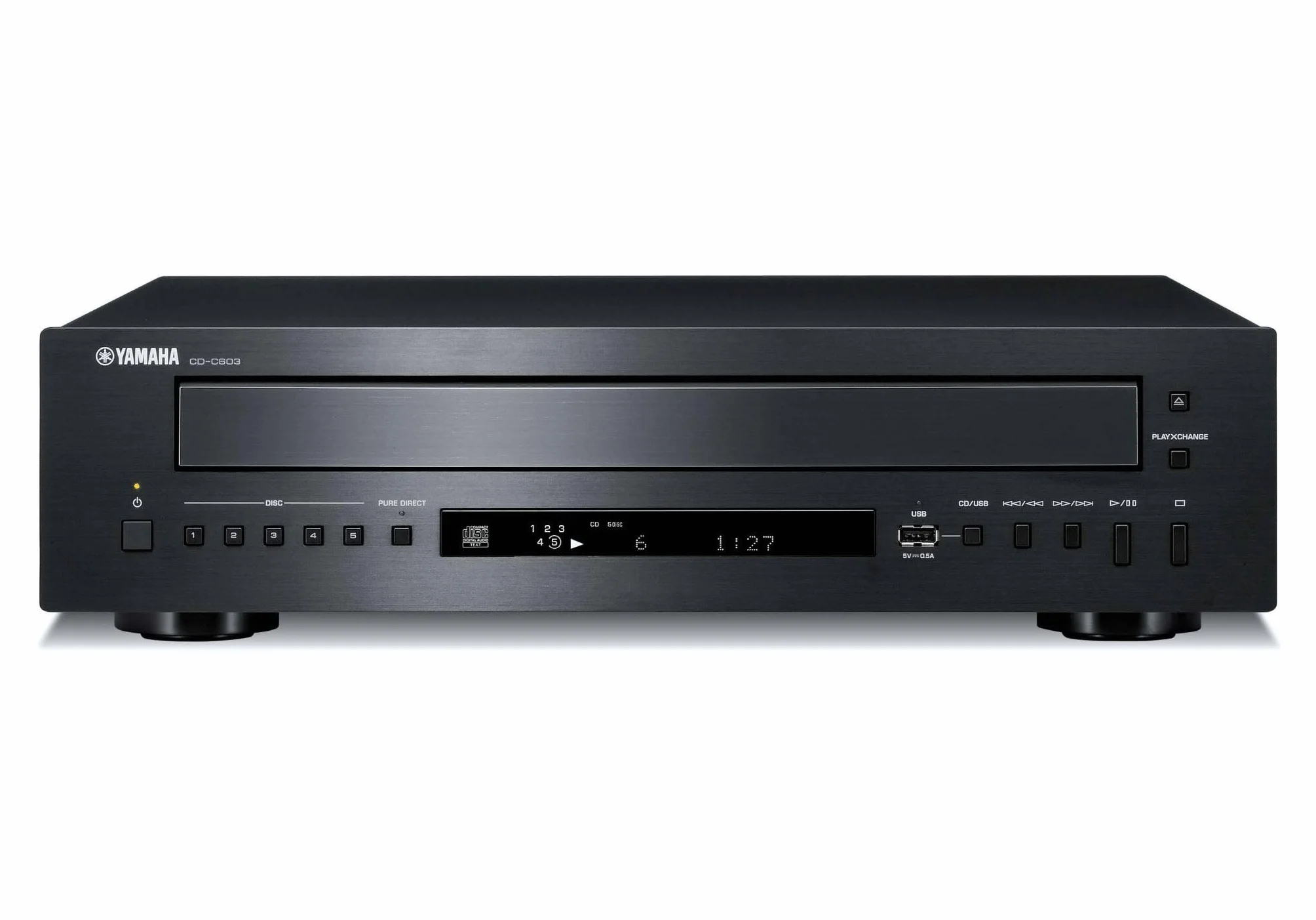 Yamaha CD-C603 CD-Player – 5-fach CD-Wechsler für verschiedene Formate – Mit Front-USB-Anschluss für digitale Wiedergabe und Fernbedienung – Schwarz