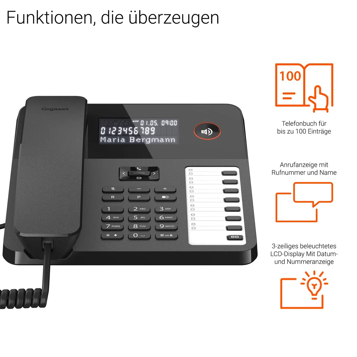 Gigaset Desk 600 - Schnurgebundenes Telefon mit 7 doppelbelegbare Direktwahltasten - Großes LCD-Display - 5 Wege Navigationstaste- Freisprechfunktion - MFV- oder Impulswahl, schwarz [Deutsche Version]