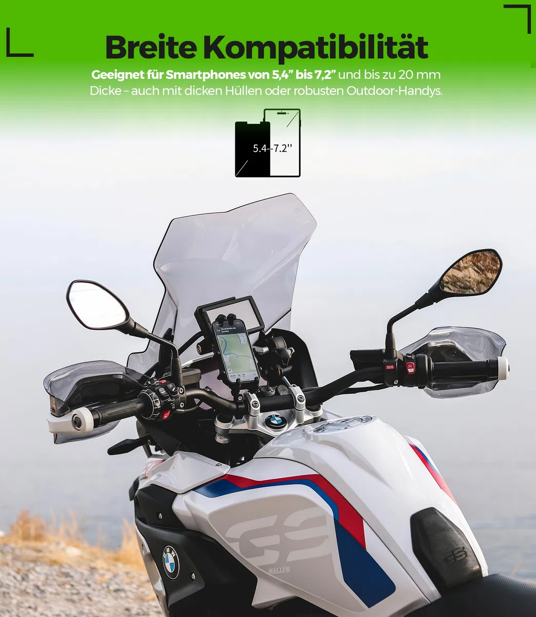 Handyhalterung Motorrad Trail Ultra Robust Antivibration Diebstahlschutz Kompatibel Ruggerisierte Smartphones 5.4 bis 7.2 Zoll Sichere Lenker Montage für Adventure Enduro Touring Offroad