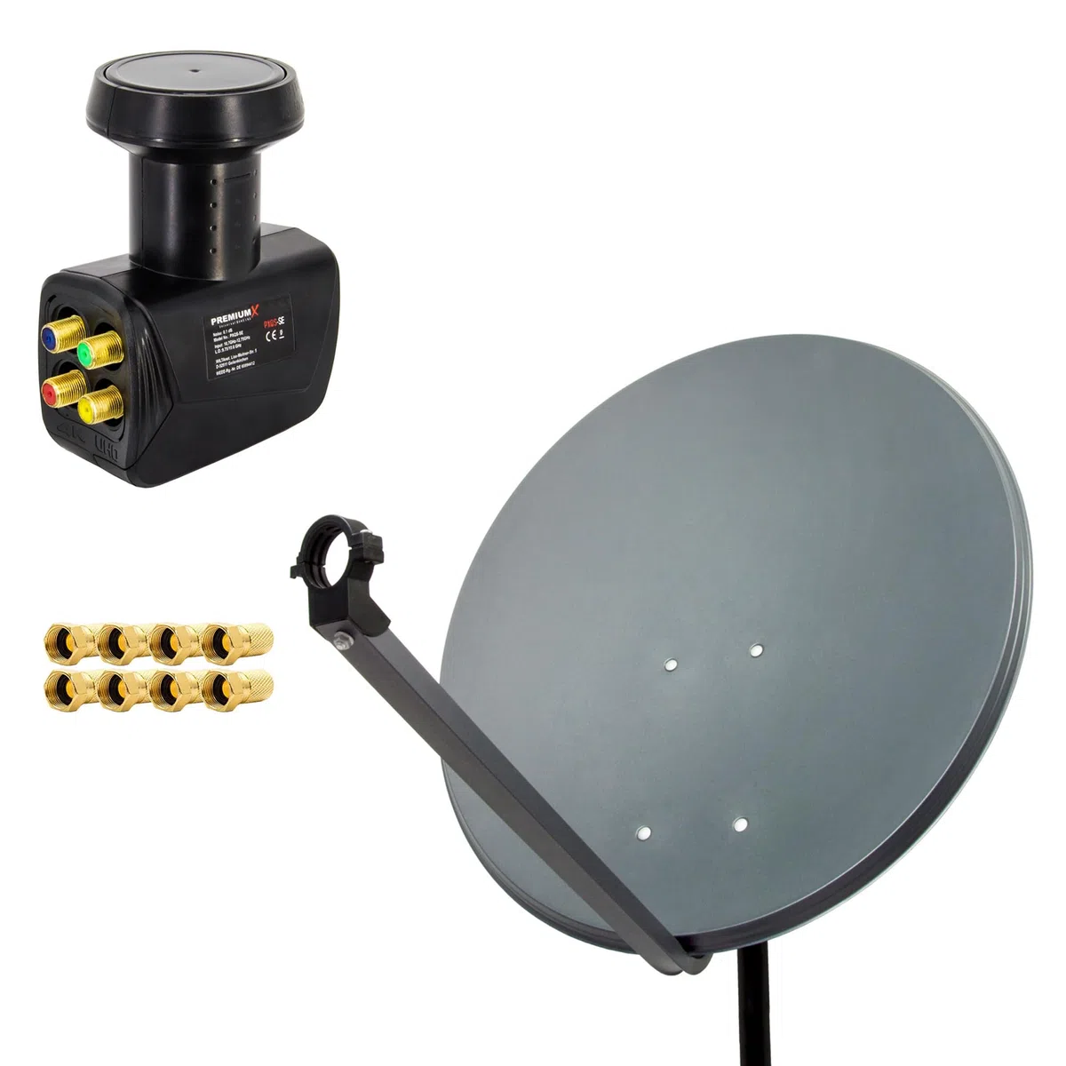 Premium X Satelliten-Komplettanlage 80cm Satellitenschüssel ALU Anthrazit Satellitenantenne Quad LNB F-Stecker, SAT bis 4 Teilnehmer
