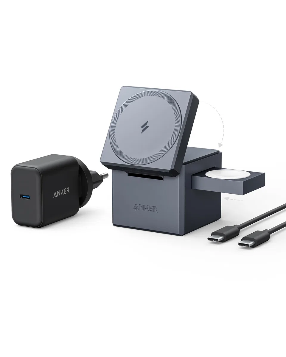 Anker 3-in-1 Cube mit MagSafe, 15W kabellose Höchstladeleistung, Kompatibel mit iPhone 17/16/15/14/13/12 Serien, Apple Watch Serie 1-7 / SE, und AirPods Pro / 3/2 (Inklusive 30W Netzteil)