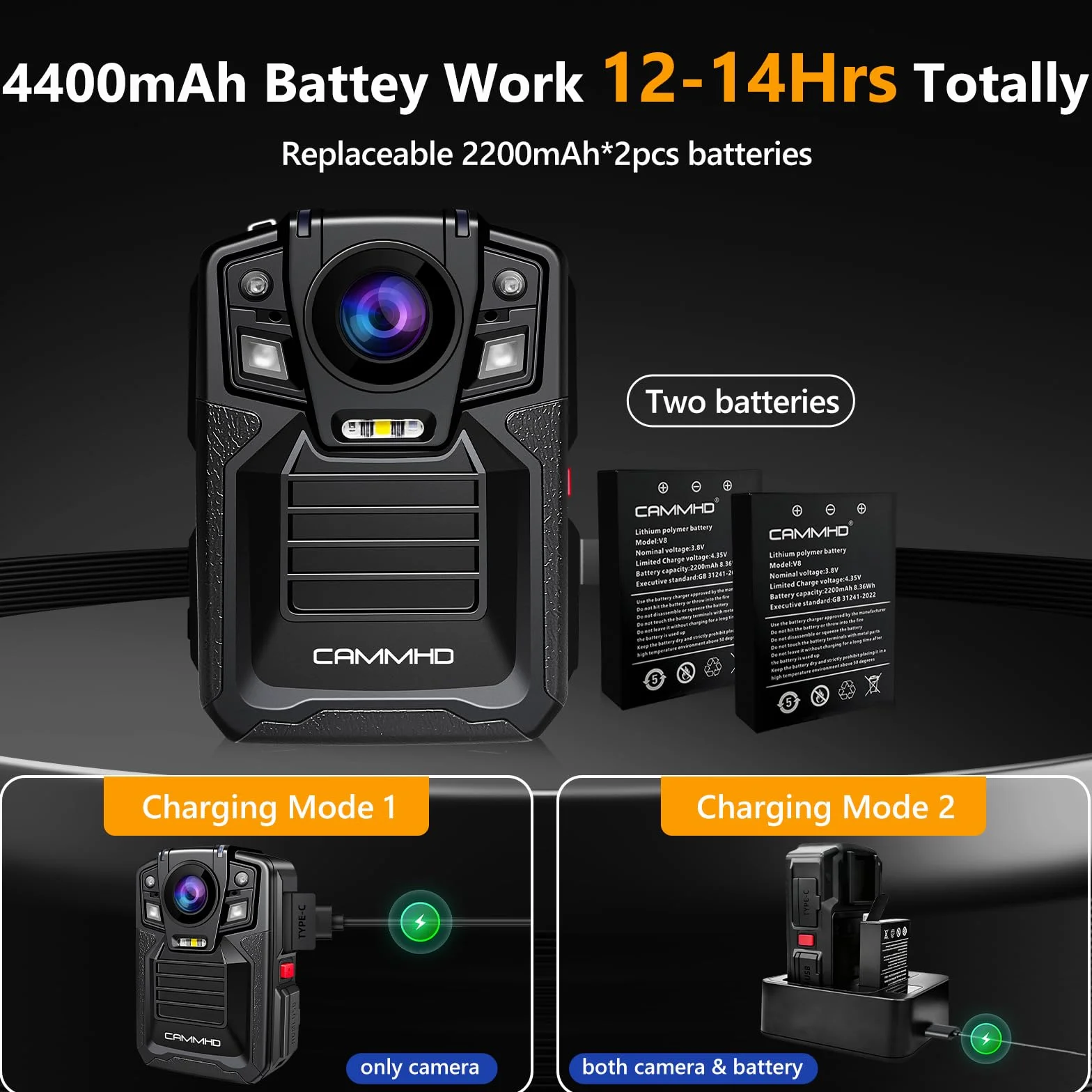 CAMMHD V8 Pro 2160P Body Cam 42MP wasserdicht Loop-Aufnahme 2 * 2200mAh Batterien mit 10 Stunden Bodycam körperkamera Polizei mit tragbarer Audio- und Videoaufzeichnung für die Tagungen/Wandern(256G)