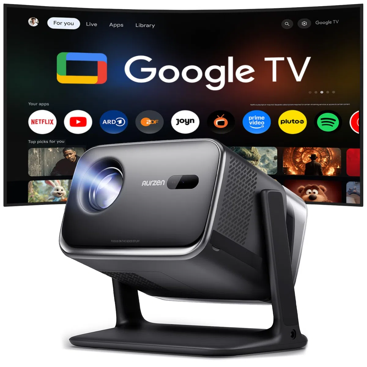 Aurzen Boom Mini 4-in-1 Smart Beamer mit Google TV, 4K, 500 ANSI, 20W Dolby Audio, ToF Autofokus, Trapezkorrektur, WLAN/Bluetooth (Schwarz)