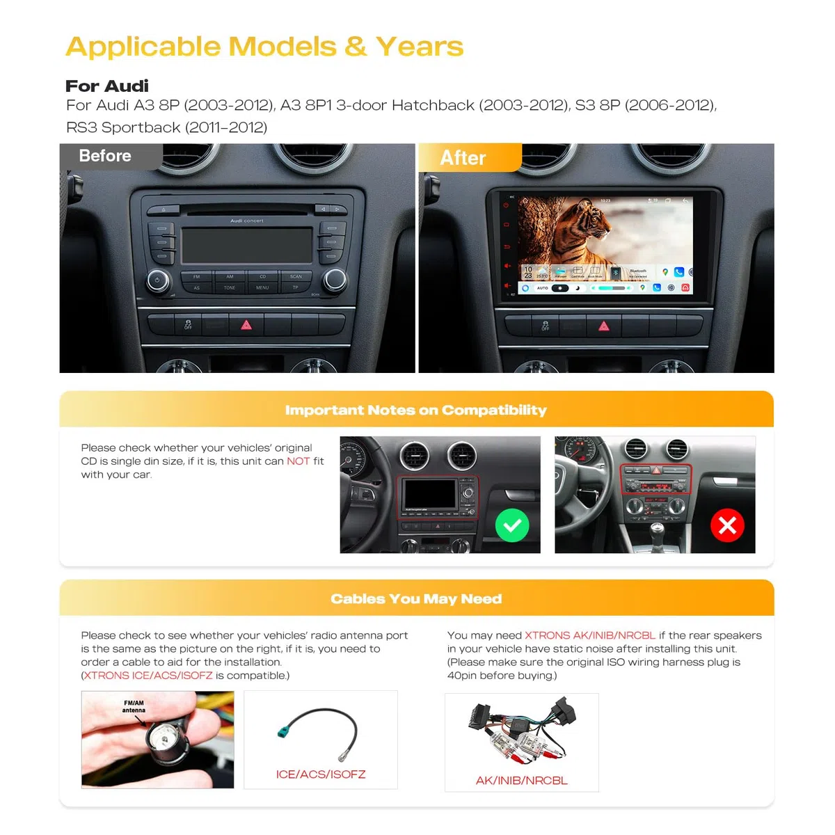XTRONS Android 14 Autoradio Octa Core 8+128GB für Audi A3 S3 RS3 8-Zoll-IPS-QLED-Bildschirm Integriertes 4G LTE DSP Bluetooth WiFi Car Play Android Auto GPS Optional DAB OBD TPMS