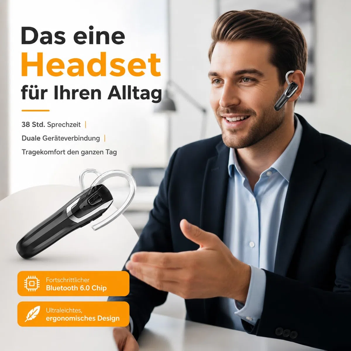 Bluetooth Headset V6.0 mit KI Geräuschunterdrückung 38 Std. Sprechzeit Single Ear Freisprech-Ohrhörer Dual Pairing Schwarz-Silber