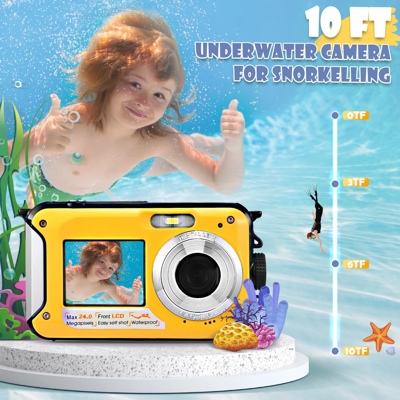 Unterwasserkamera Full HD 2.7K 48MP,Digitalkamera wasserdichte Doppelbildschirm Anti-Shake mit LED-Mikrofon 16 x Digital zoomSnorkelling,Unterwasserkamera for Self-Timer Underwater (Gelb)