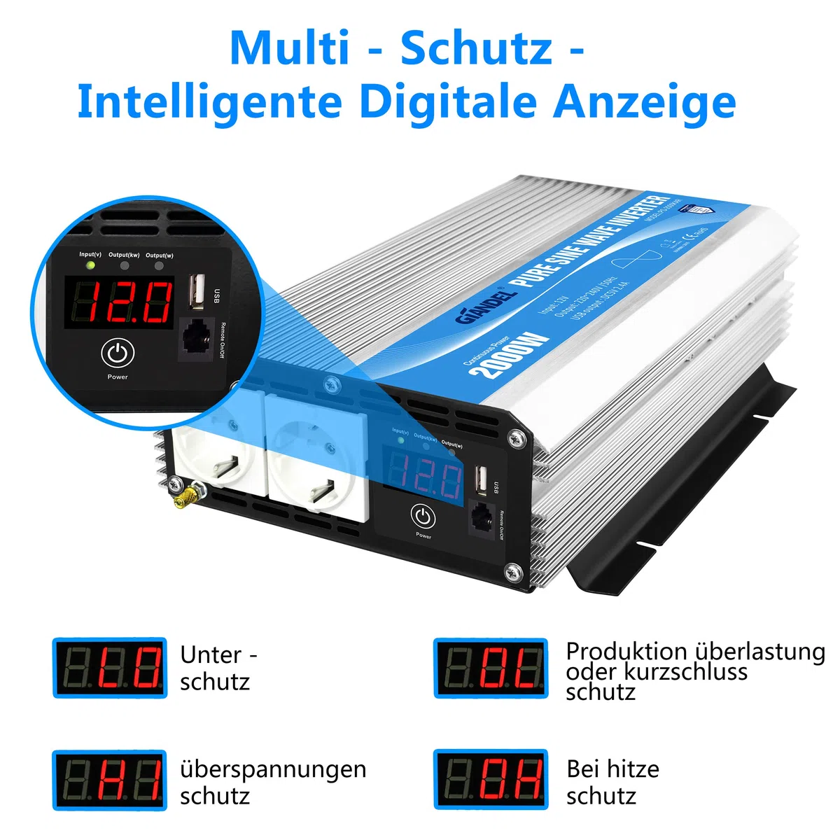 GIANDEL 2000W Wechselrichter 12V auf 230V Reiner Sinus Spannungswandler | Kompatibel Lithium-Batterie, Für Wohnmobil, LKW, Zuhause, Off-Grid Solarstrom Umwandler-Inverter mit LED-Anzeige