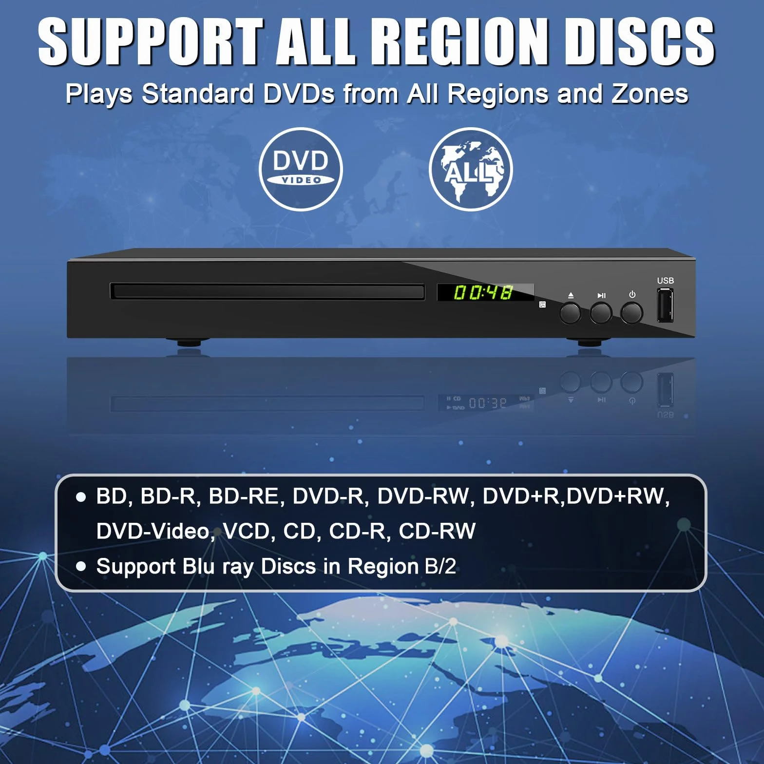 Blu-ray Player für TV, Kompakt Blu-ray-Disc-Player 1080P mit HDMI, AV, Koaxial, USB, PAL NTSC