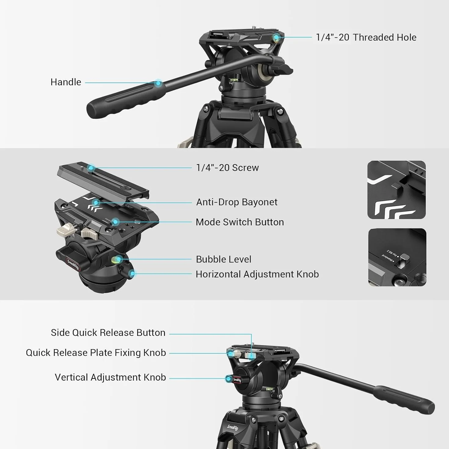 SMALLRIG Videostativ, 73-Zoll (186 cm) Heavy Duty Tripod Hochleistungs Stativ mit 360-Grad-Fluidkopf und Schnellwechselplatte für DSLR, Camcorder, Kameras, Belastbarkeit 8 kg - 3751B