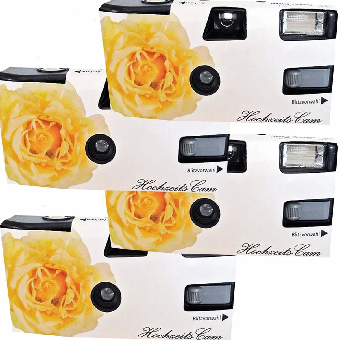 4X 1A Photo PORST Einwegkamera gelbe Hochzeitsrose, mit Blitz, Batterien und Film (4er Pack, je 27 Aufnahmen)