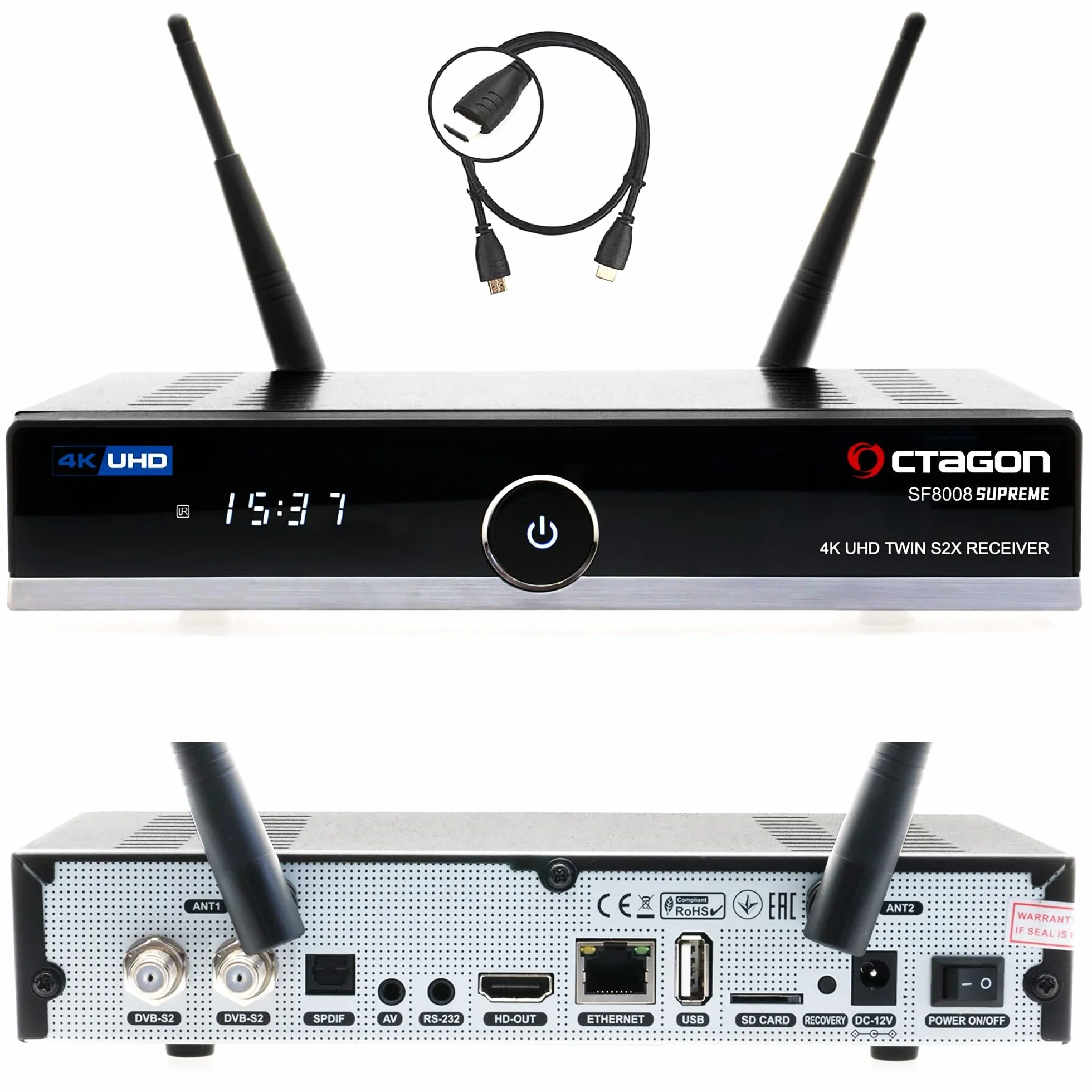 Octagon SF8008 UHD 4K Supreme Twin Sat Receiver, 2X DVB-S2X Tuner, E2 Linux & Define OS, mit Aufnahmefunktion, M.2 M Key, Gigabit LAN, Bluetooth, Kartenleser, Sat to IP, Multistream, WiFi WLAN