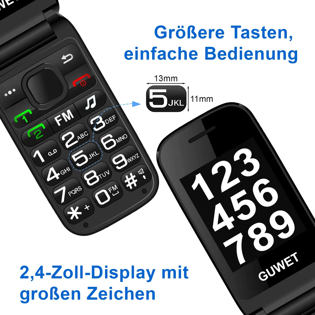 Seniorenhandy Klapphandy ohne Vertrag,Rentner Handy Großen Tasten mit SOS-Notruftaste,Dual SIM 2G GSM mit 2000mAh Akku,USB-C,2.4"+1.77" Dual Display,Schwarz