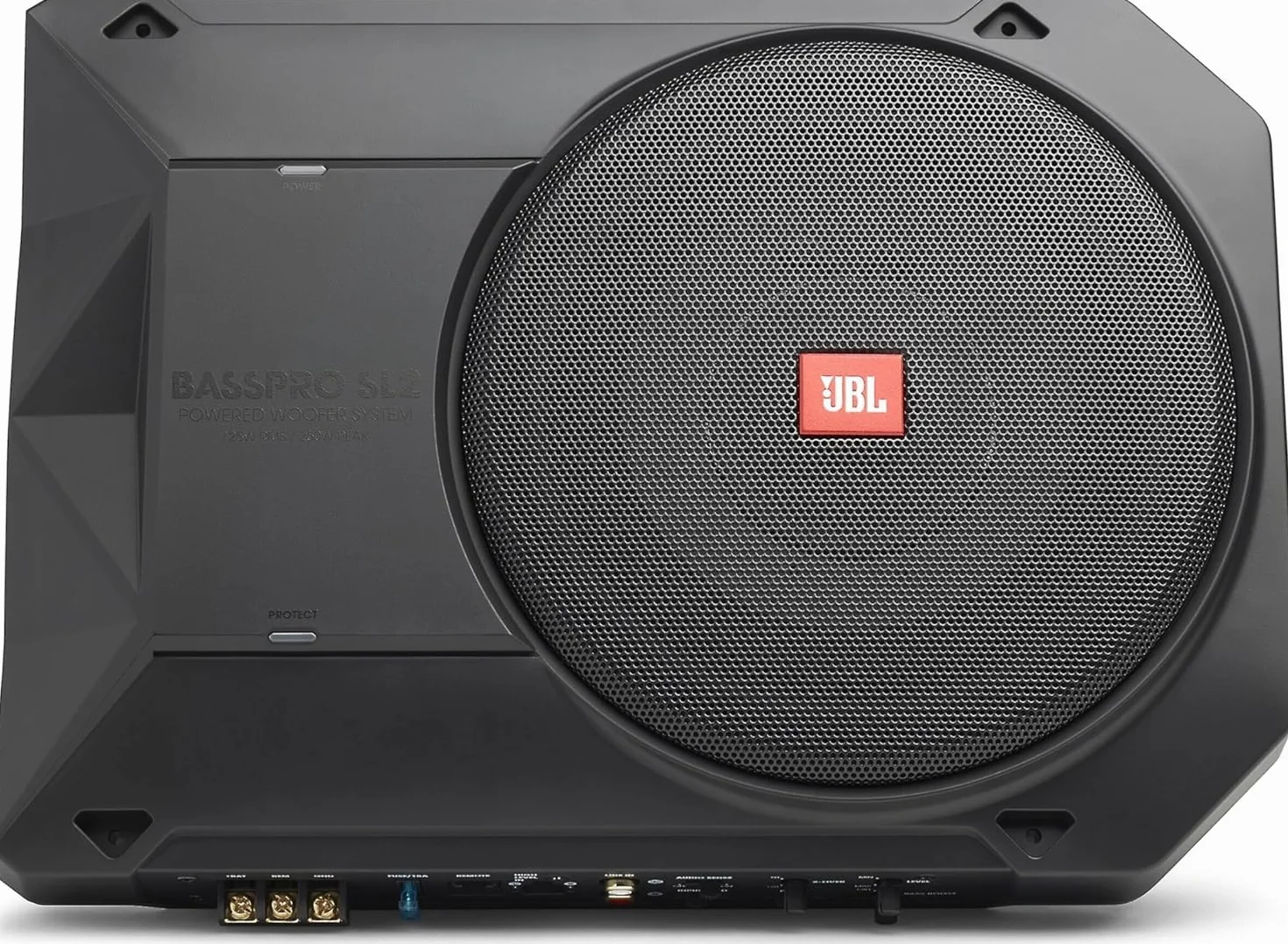 JBL BassPro SL2 Aktiv Subwoofer Auto Set - Car hifi Untersitz Bassbox Gehäuse mit Bassreflex Woofer box groß 200mm und 125 Watt aktiver Verstärker, Schwarz, 44