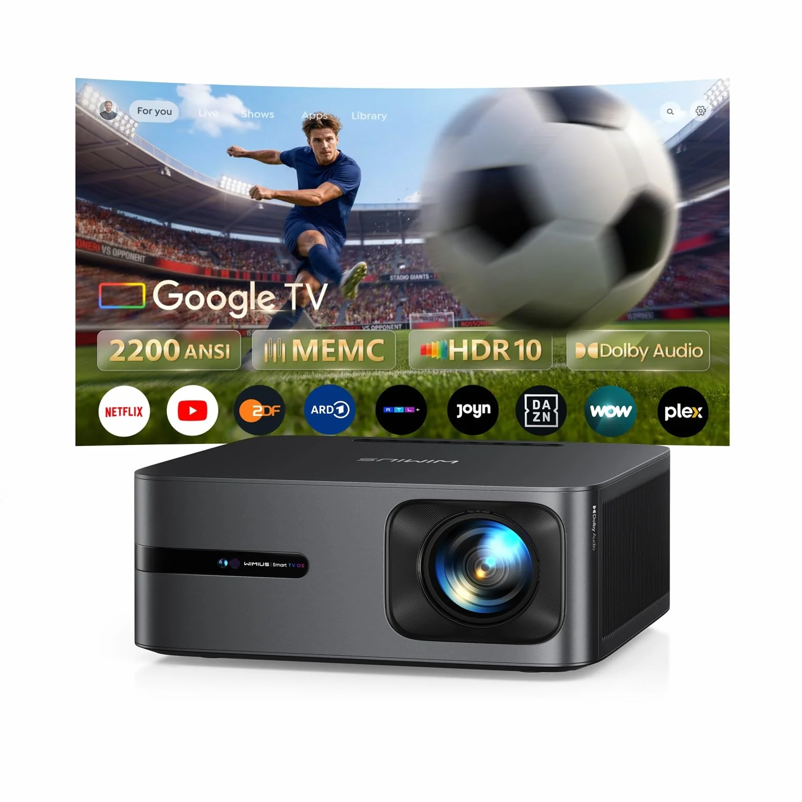 Beamer 4K mit Google TV 14.0, 2200 ANSI, MEMC, HDR10, 40W Dolby Audio, 4K Beamer Heimkino KI-Bildanpassung Smart Projektor Google Sprachsteuerung 2-Wege Bluetooth 5.4 WiFi6 2+32GB HDMI 2.1