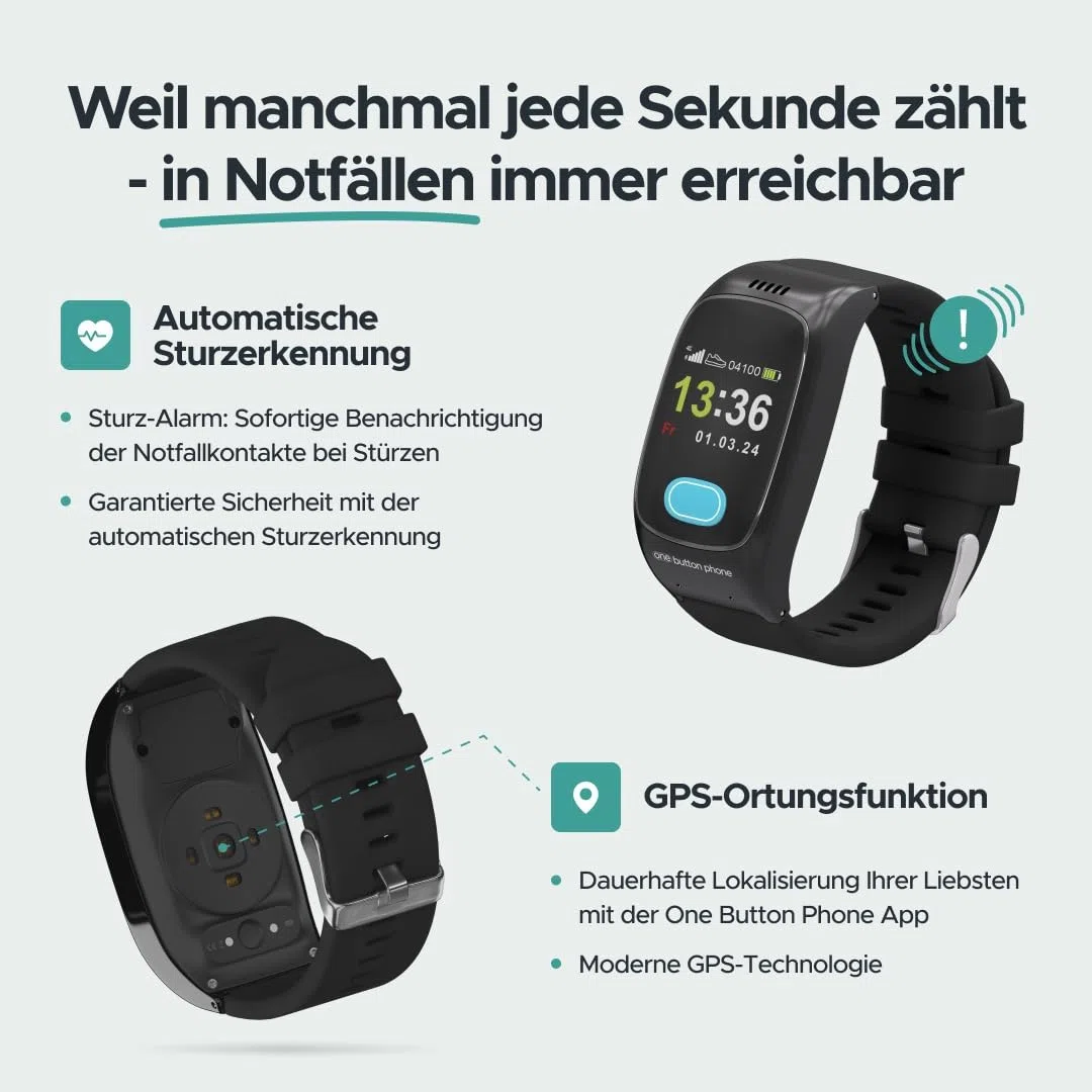 Notfall Uhr mit SOS-Notrufknopf - GPS-Ortung, Sturzerkennung, Telefonfunktion, SIM-Karte dabei, freie Tarifwahl & Kein Abo, Vitaldaten, Familien-App | GPS-Ortung, Sturzerkennung, Telefonfunktion, mit SIM-Karte aber freier Tarifwahl, Kein Abo, Vitaldaten,