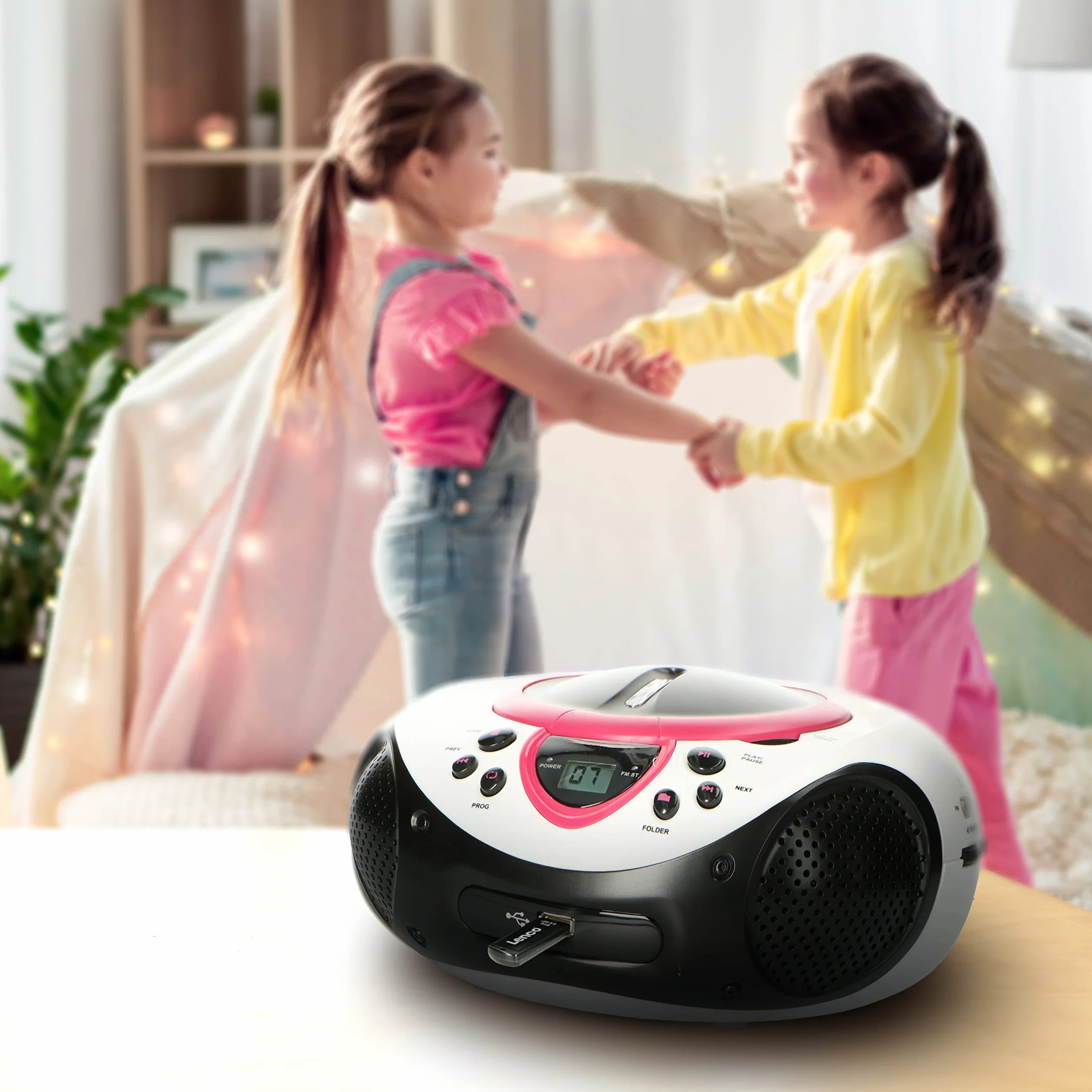 Lenco Kinder Radio CD-Player SCD-38 tragbares UKW-Radio mit CD/MP3-Player und USB in pink