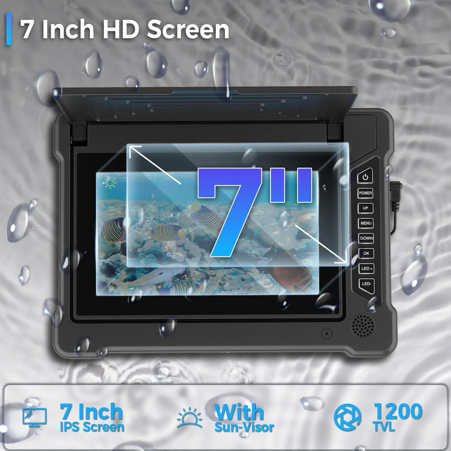 Unterwasser-Angelkamera mit 17,8 cm (7 Zoll) IPS-Display und Visier, HD-Kamera, 1200 TVL, Weitwinkel, 6 weiße LEDs + 6 Infrarot-LEDs, wasserdicht, IP68, für Eis/Meer/See