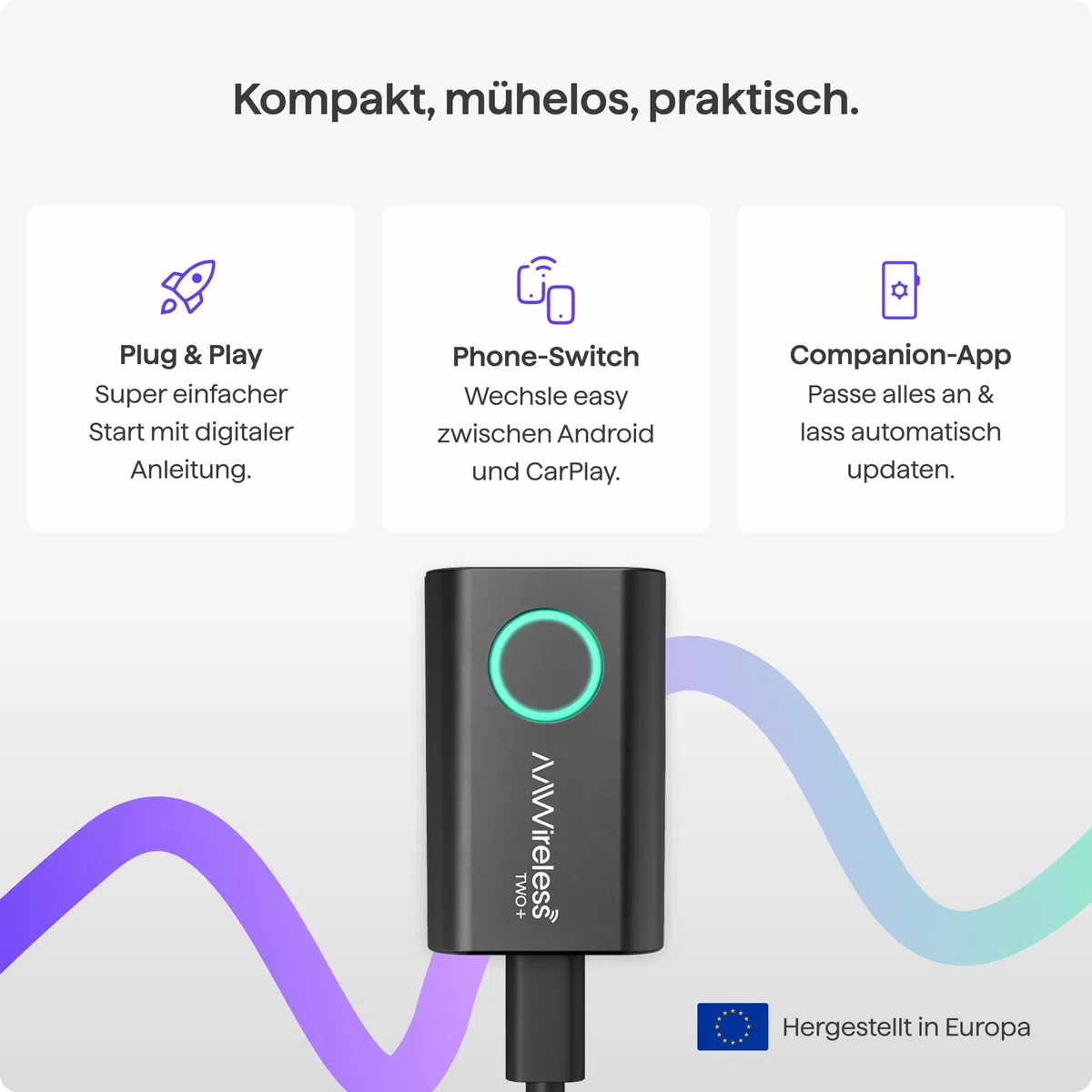 AAWireless Two+ Wireless Carplay Adapter & Android Auto Wireless Adapter 2-in-1 | Kabellose Verbindung via Bluetooth & WiFi | Für iPhone X+ & Android 11+ | Multifunktionsknopf