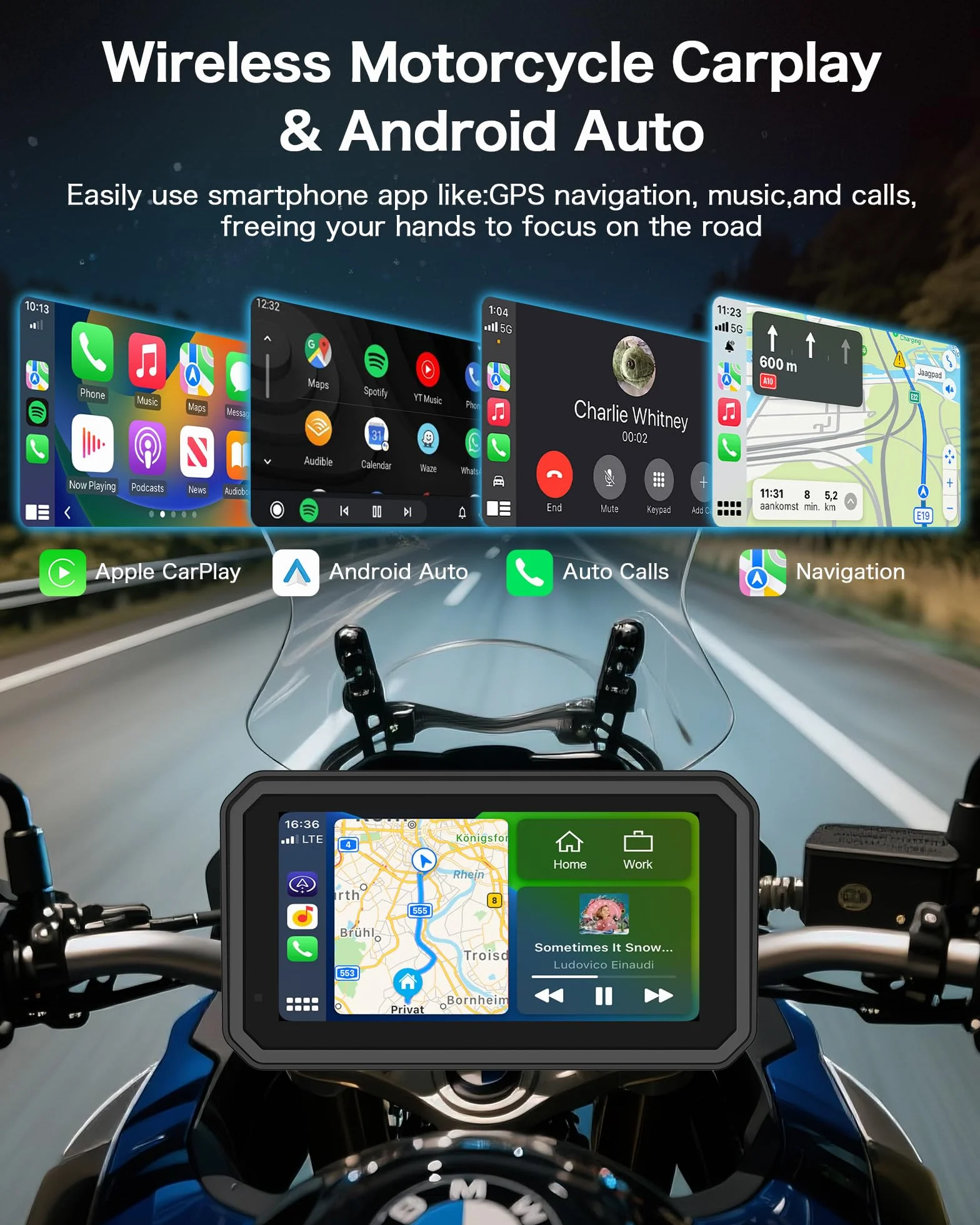 Jansite 4K Motorrad CarPlay Android Auto 6,25 Zoll Motorrad Navi mit Dashcam Vorne Hinten, IP67 Wasserdicht Bildschirm, Dual-Bluetooth,Siri/G-oogle Assistant