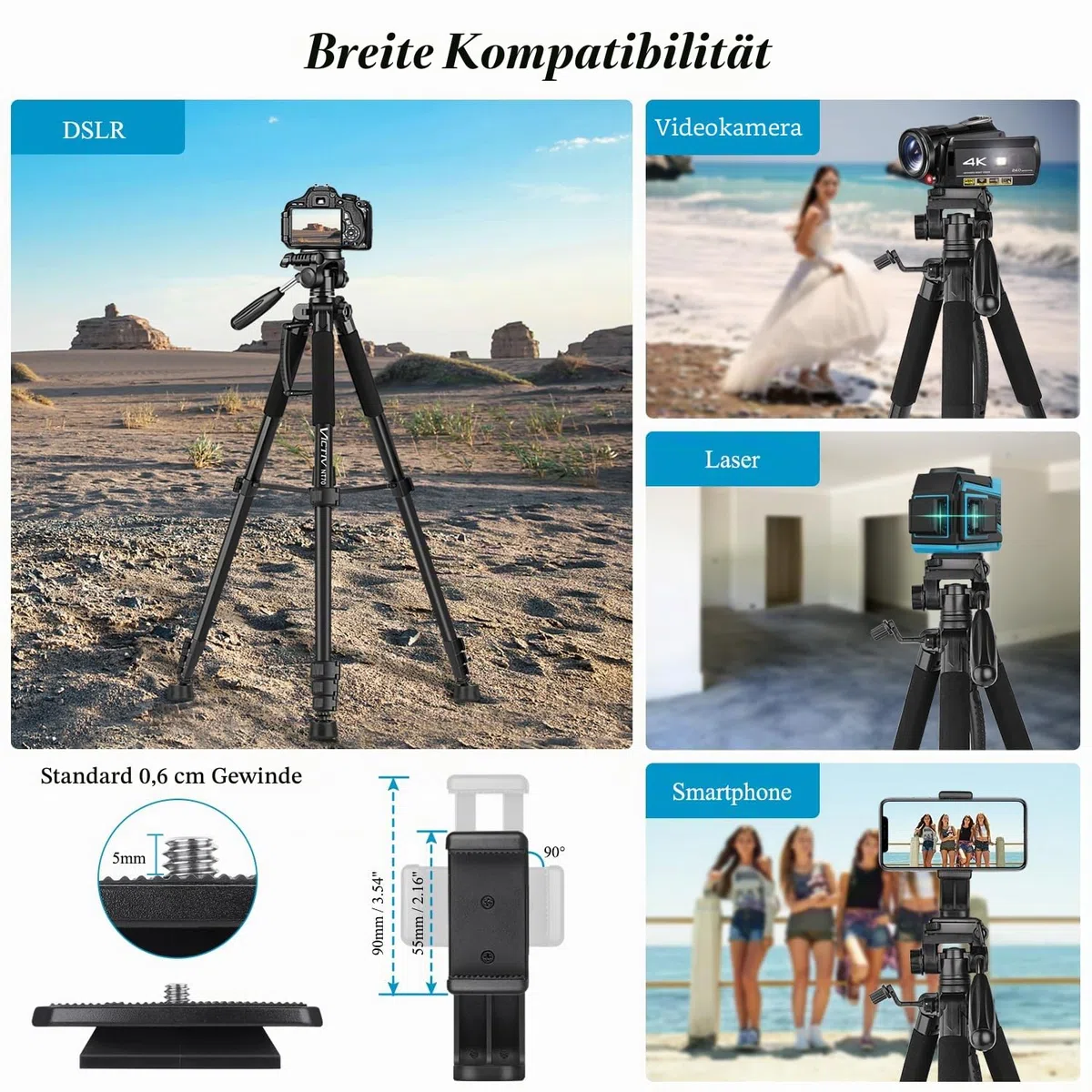 Victiv Kamera Stativ 52-160-185cm Höhe, Aluminium Fotostativ für DSLR Canon Nikon Sony, Dreibeinstativ mit Handy Halterung