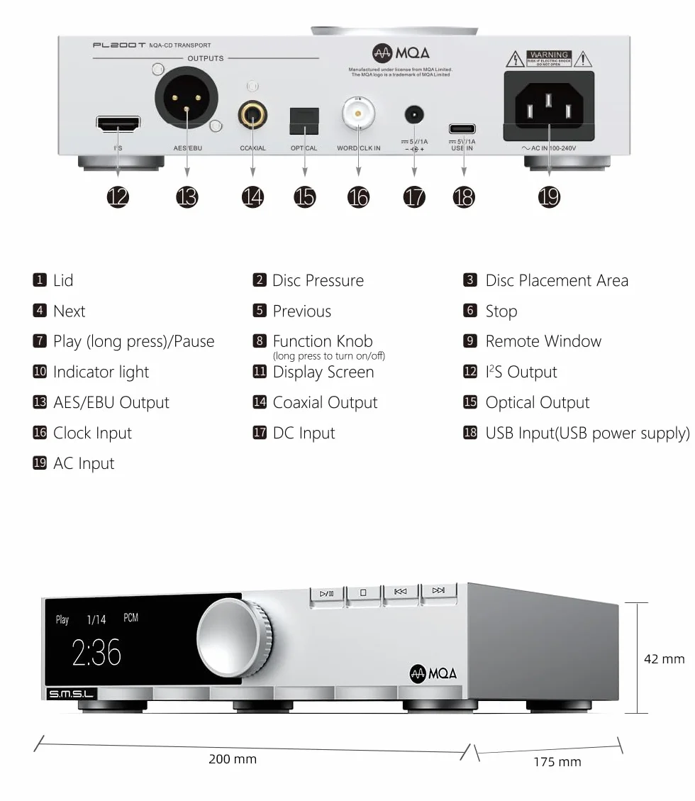 SMSL PL200T CD Player MQA-CD Transport Clock Input Output P.A.S.S. System Optical Coaxial AES I2S Output