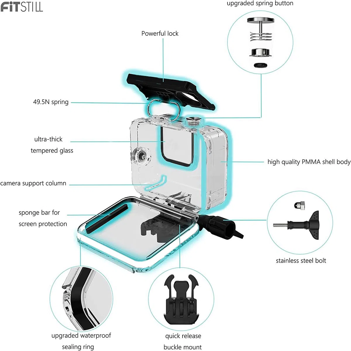 FitStill 60M/196FT Wasserdichtes Unterwassergehäuse mit 3 Tauchfiltern und Schwimmendem Griff, geeignet für Go Pro Hero 7/6/5/2018 Black Zubehör Tauchset