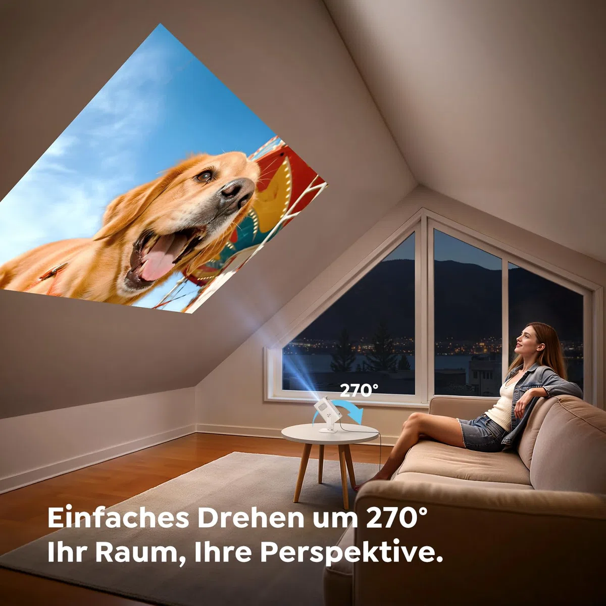 Mini Beamer 4K 1080P Android 14 270° Drehbar Smart Beamer Klein WiFi 6 Bluetooth 5.4 Tragbarer Projektor Heimkino Outdoor Auto Trapezkorrektur HDMI