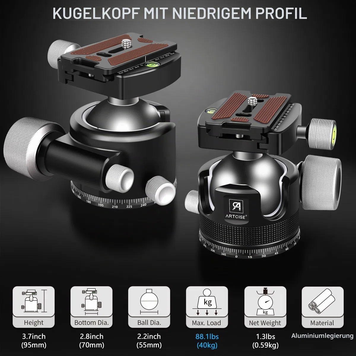 55mm Low Profile Kugelkopf, ARTCISE KB55 Heavy Duty Stativkopf aus Vollmetall mit DREI 1/4" Schnellwechselplatten für Stativ, Einbeinstativ, DSLR, Camcorder, maximale Belastung 40kg.
