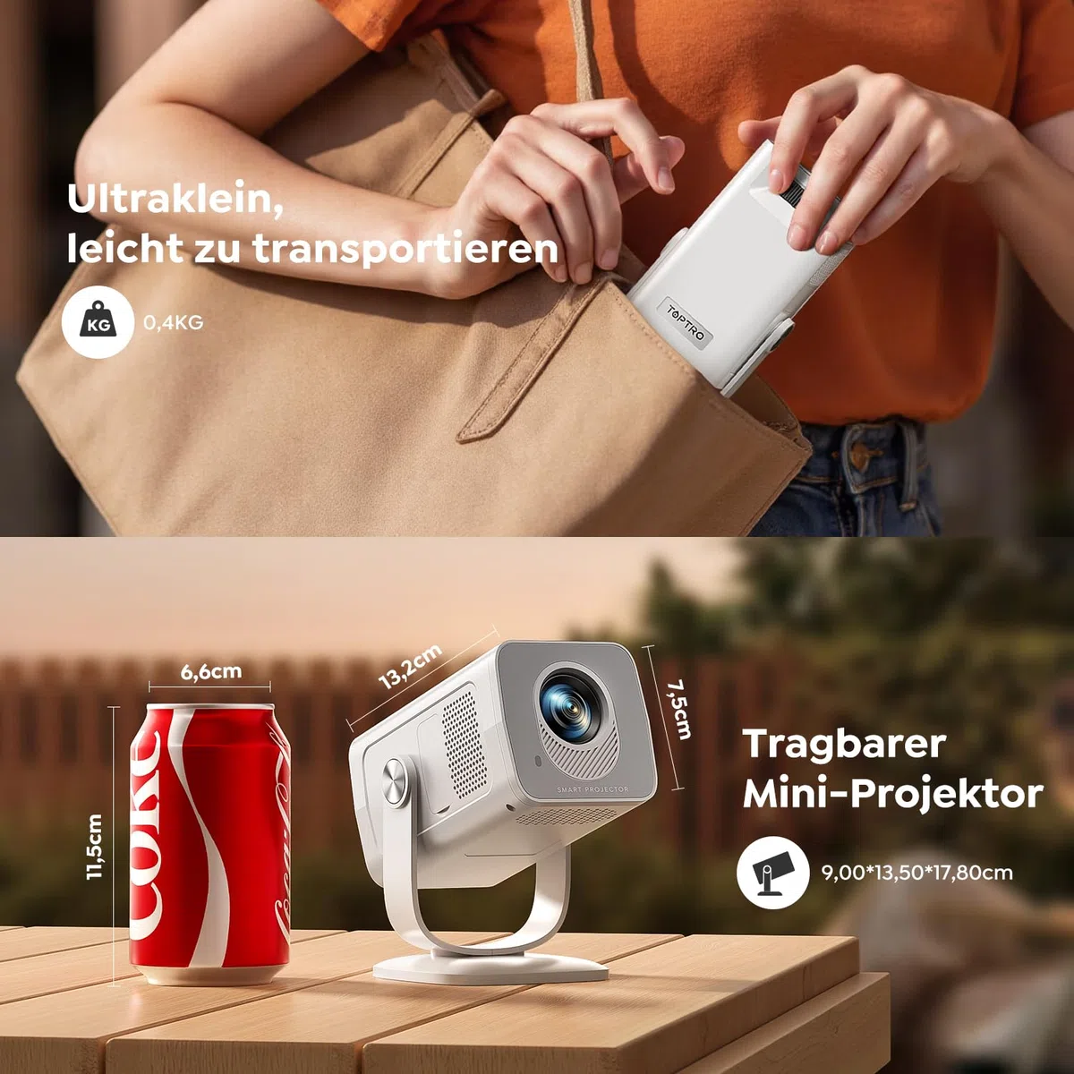 Mini Beamer 4K 1080P Android 14 270° Drehbar Smart Beamer Klein WiFi 6 Bluetooth 5.4 Tragbarer Projektor Heimkino Outdoor Auto Trapezkorrektur HDMI