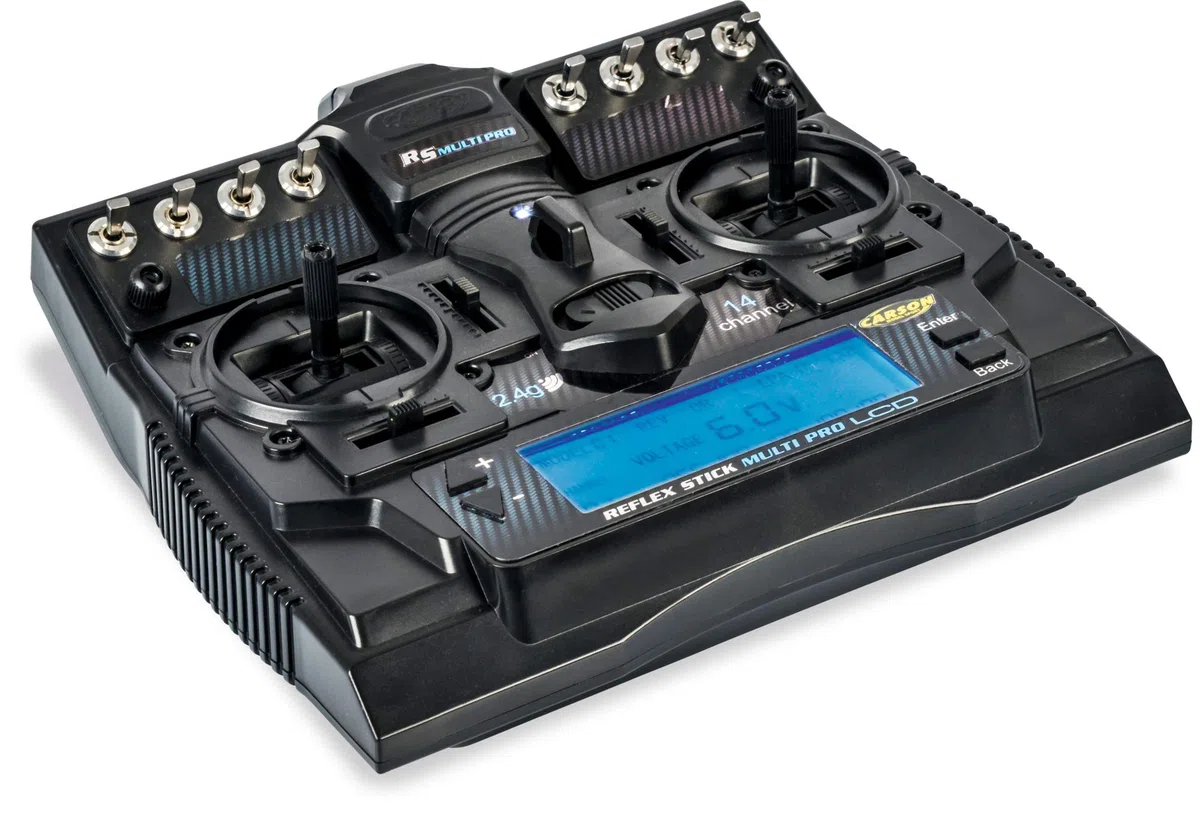 Carson FS Reflex Stick Multi PRO LCD 2.4 GHz 14-Kanal-Fernsteueranlage Fernbedienung mit Empfänger für RC Autos und Schiffe