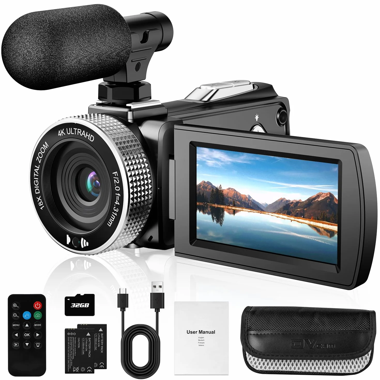 Digitale Videokamera 4K, 48MP Foto/4K 60fps Videorecorder, Anfänger-Video-Camcorder für Vlogging, Youtube, mit 2 Batterien/externem Mikrofon/SD-Karte/Fernbedienung