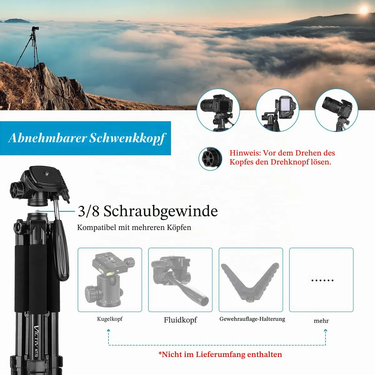 Victiv Kamera Stativ 52-160-185cm Höhe, Aluminium Fotostativ für DSLR Canon Nikon Sony, Dreibeinstativ mit Handy Halterung