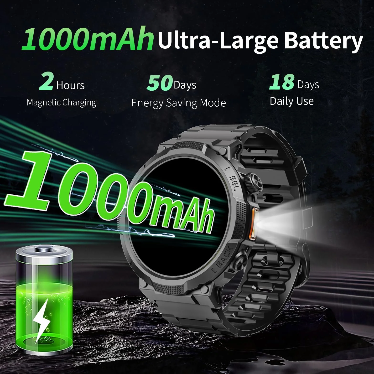 Smartwatch Herren Damen, 1.53" HD 1000mAh Militär Smart Watch mit Telefonfunktion, 100+Sportmodi Fitnessuhr Tracker, IP68 Wasserdicht Sportuhr, Herzfrequenz Schlafmonitor Schrittzähler Android iOS