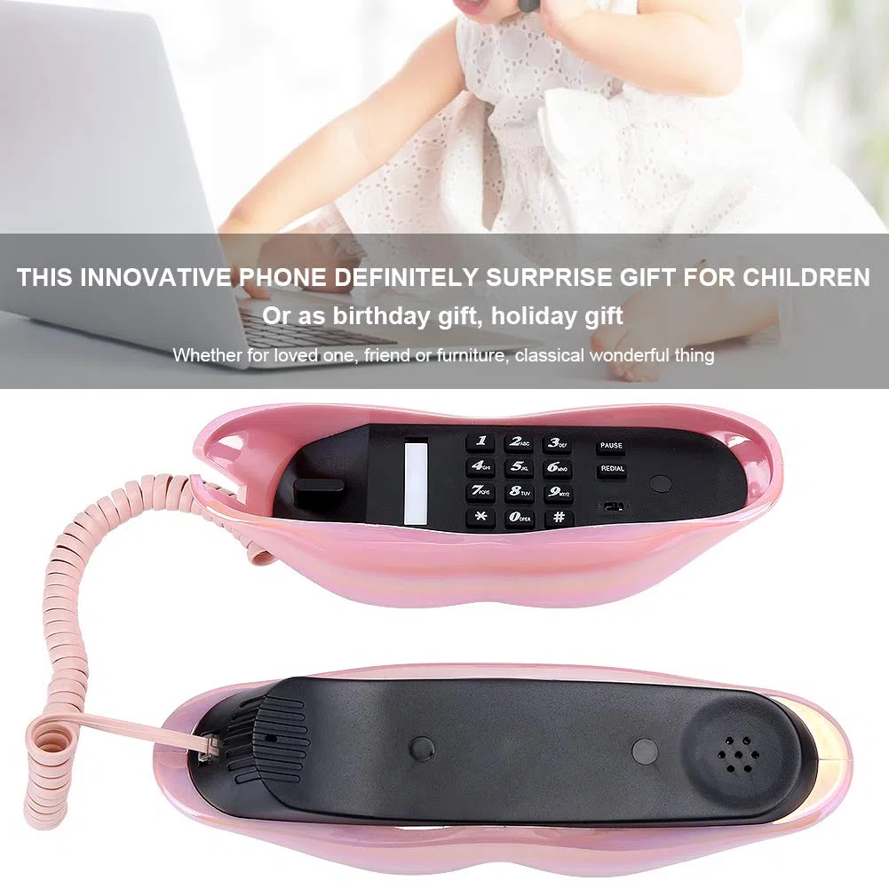 VBESTLIFE Schnurgebundenes Telefon, mundförmiges Lippen-Telefon Desktop-Festnetztelefon mit klarem Ton und Nummernspeicherfunktion für Zuhause, Büro (Purpur Rosa)