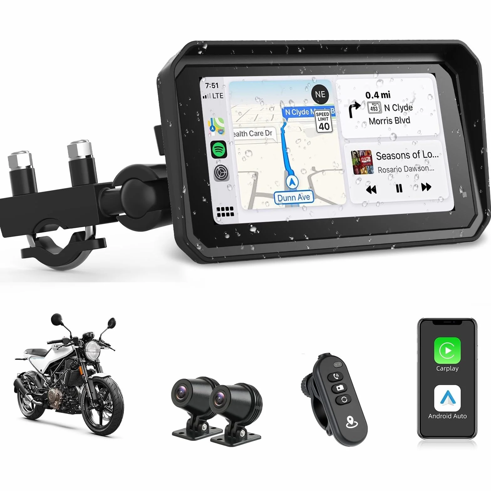 Jansite 4K Motorrad CarPlay Android Auto 6,25 Zoll Motorrad Navi mit Dashcam Vorne Hinten, IP67 Wasserdicht Bildschirm, Dual-Bluetooth,Siri/G-oogle Assistant