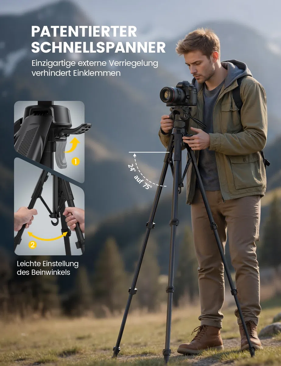 Lamicall Stativ Kamera, Kamerastativ Tripod - [Patentierte Schnellöffnung] Super Stabiles Camera Tripod mit 8KG Tragkraft & 4-Stufige Höhenverstellung, 170cm Reisen Dreibein-Stative mit Handyhalterung