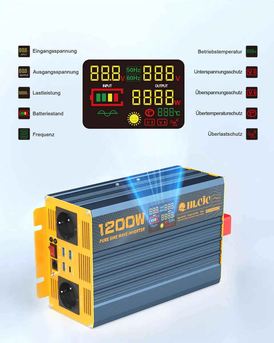 Spannungswandler 1200W/2400W Reiner Sinus- Wechselrichter 12V auf 230V