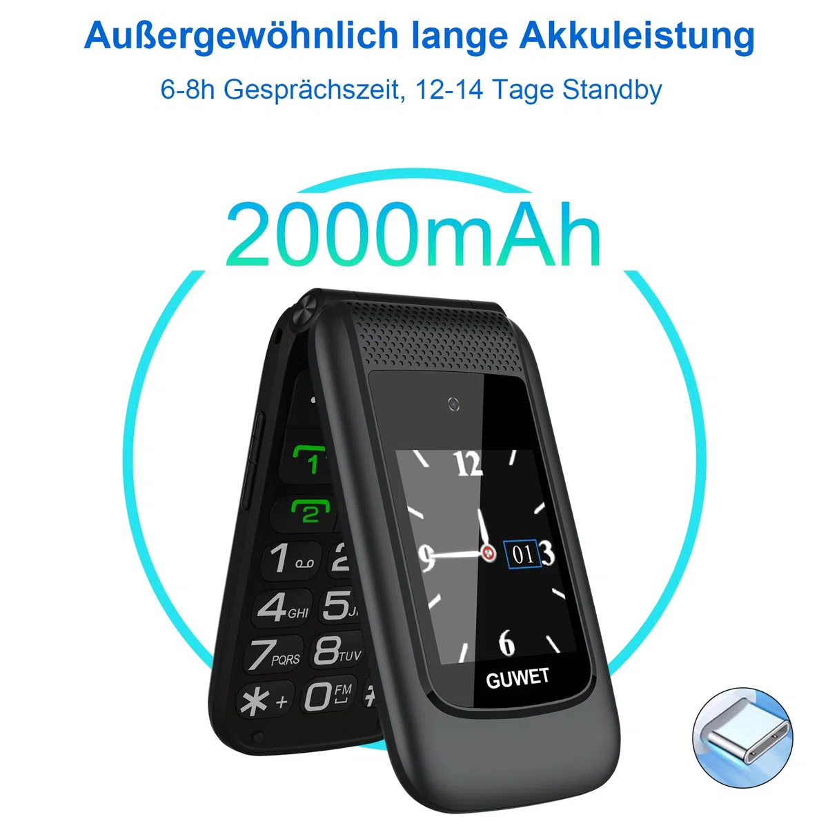Seniorenhandy Klapphandy ohne Vertrag,Rentner Handy Großen Tasten mit SOS-Notruftaste,Dual SIM 2G GSM mit 2000mAh Akku,USB-C,2.4"+1.77" Dual Display,Schwarz
