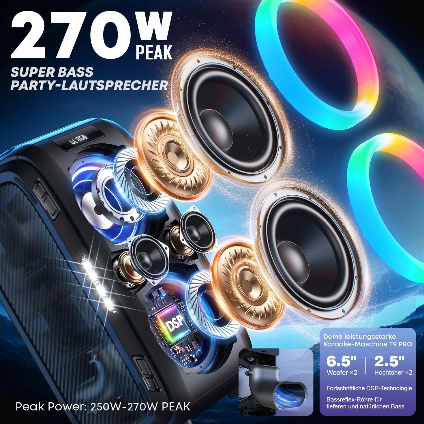 W-KING 270W PEAK Musikbox Bluetooth Lautsprecher Box Groß-Lautesten Party Boom Box Stereo Outdoor, Huge 125dB/12 Custom-Bässe/2*16,5CM-Woofers-Natür Super Bass/MIC>R IN/USB/TF/AUX,Herausnehmbar Akku
